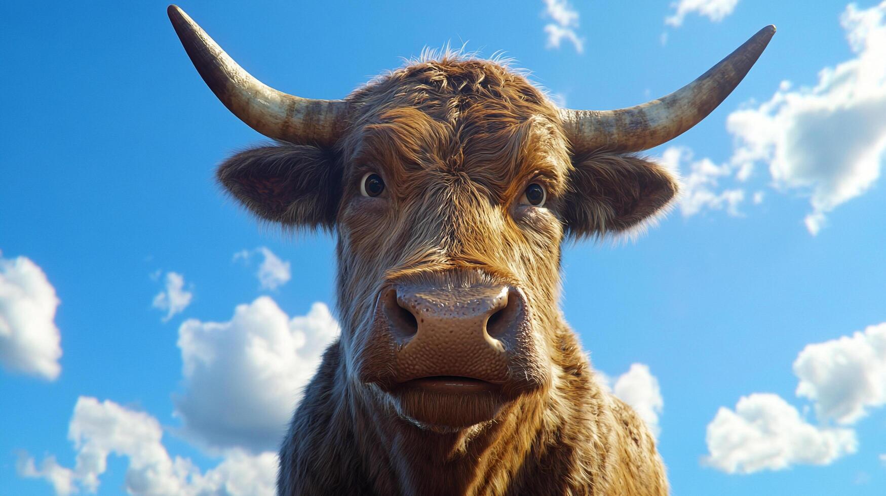 A striking, close-up portrait of a brown bull with large horns against a vibrant blue sky filled with fluffy clouds, capturing its essence. photo