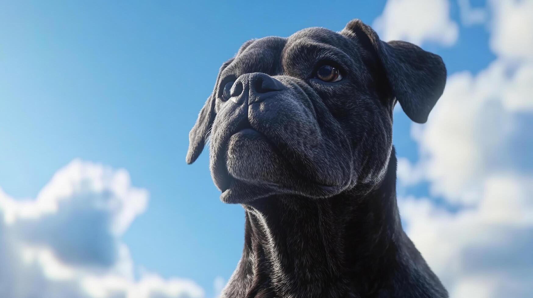 A regal-looking dark dog stands tall against a backdrop of blue sky and fluffy white clouds. It exudes strength and nobility. photo