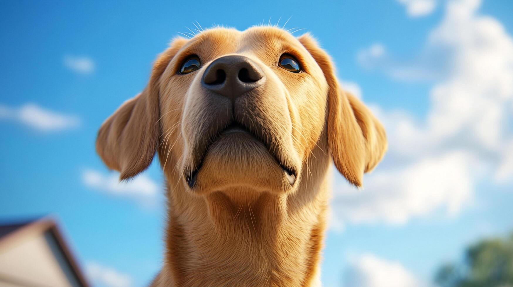 A golden dog gazes upward against a bright blue sky, showcasing a heartwarming close-up of its loyal and curious expression. photo