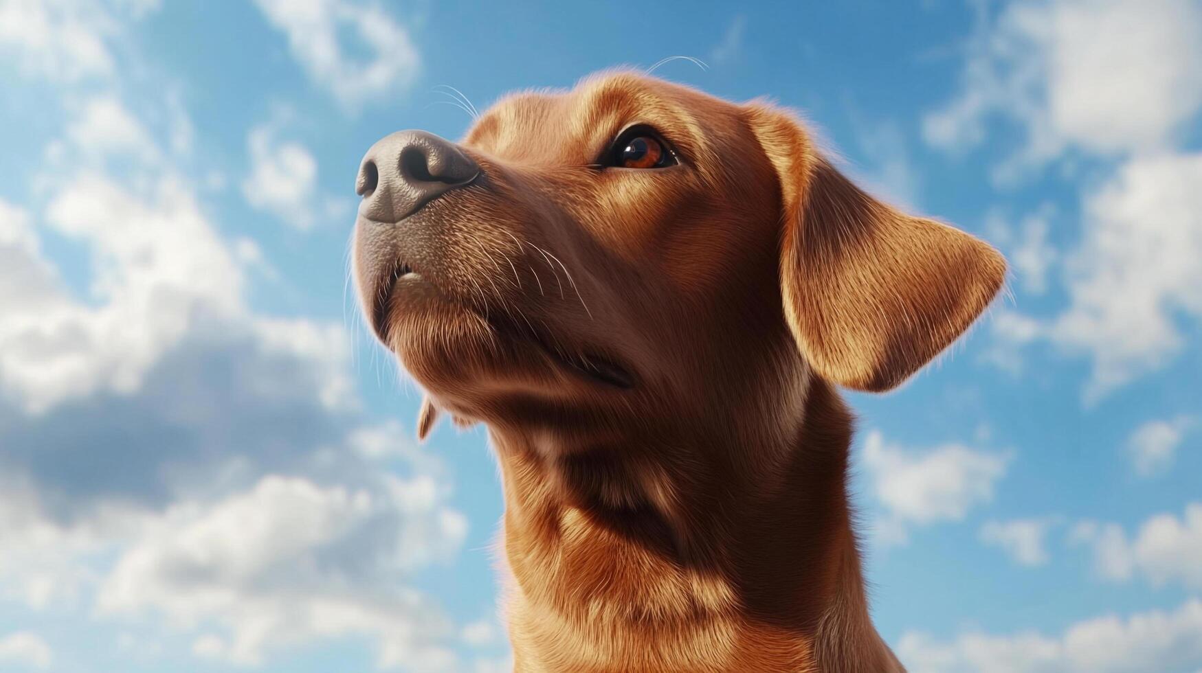 A close-up of a golden dog with its head tilted upwards, against a blue sky filled with puffy white clouds on a sunny day. photo