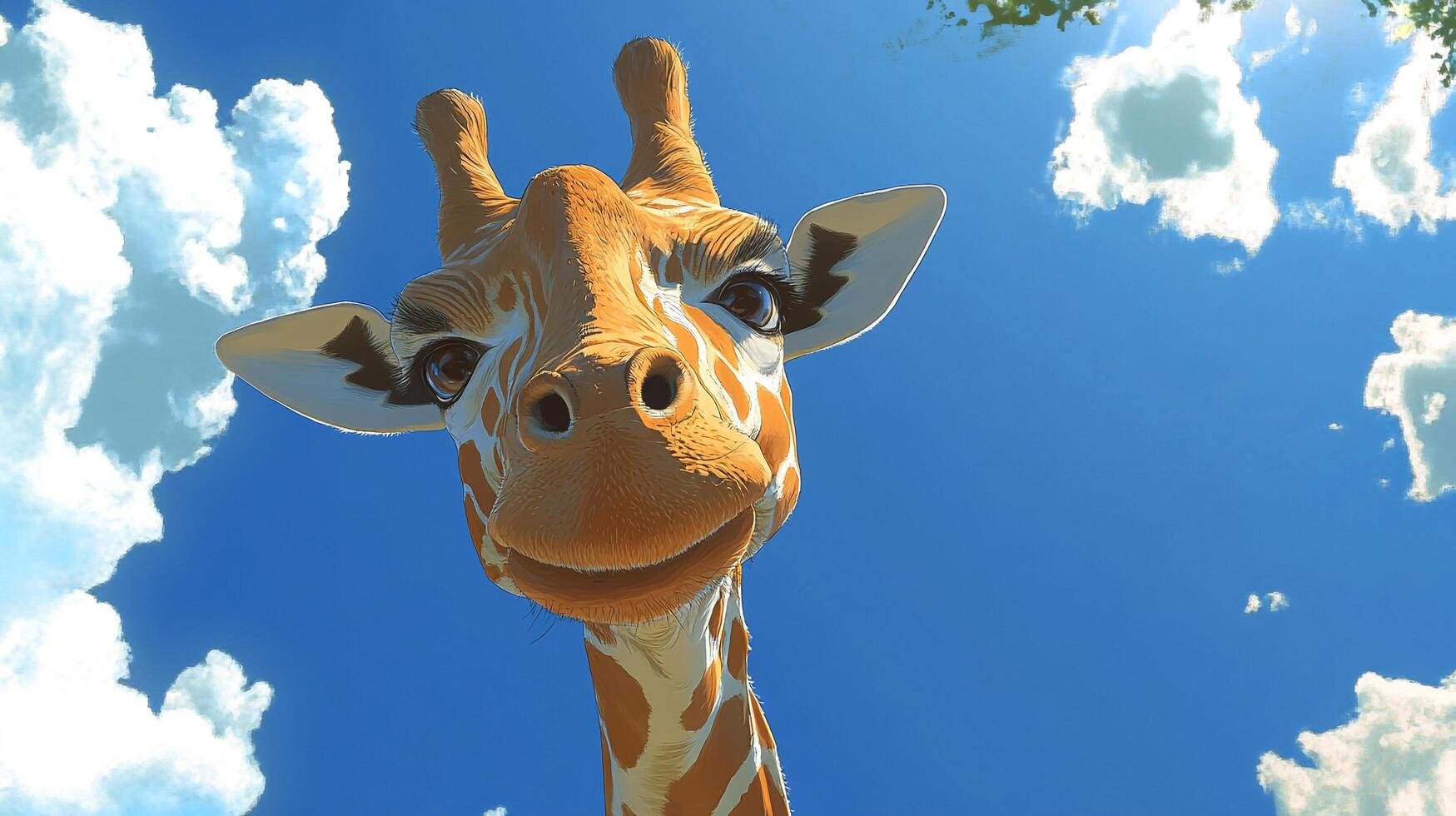 Low-angle view captures a whimsical cartoon giraffe set against a brilliant blue sky dotted with fluffy white clouds, exuding charm. photo