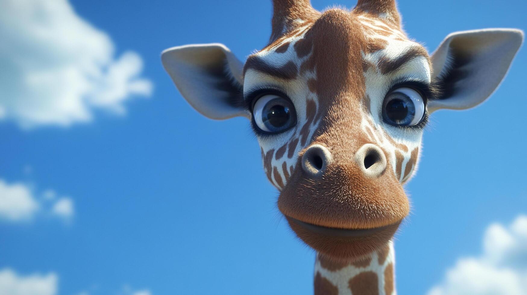 Close-up of a cartoon giraffe against a bright blue sky with fluffy white clouds. Its big eyes are wide and expressive. photo