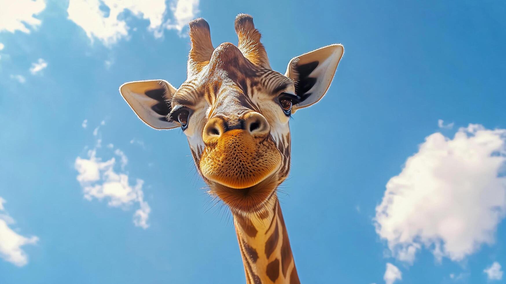 Close-up shot of a giraffe's head against a vibrant blue sky dotted with fluffy white clouds. The giraffe gazes downward with curiosity. photo