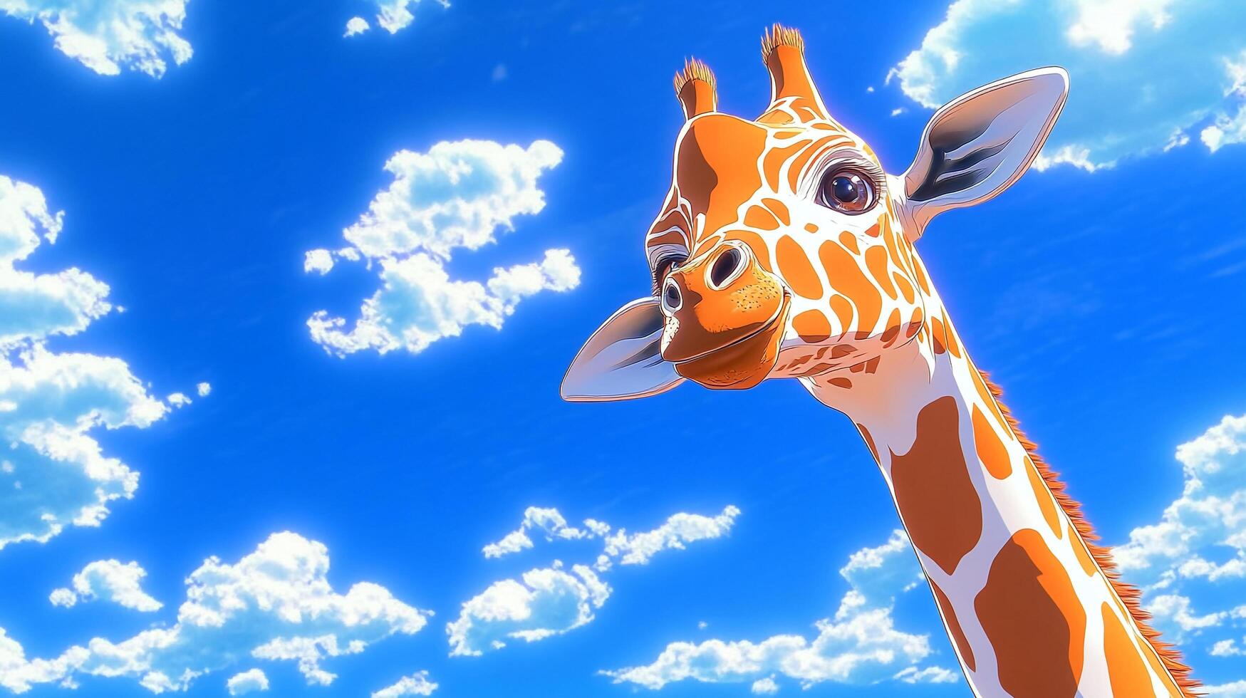 A giraffe gazes upward, its long neck reaching into a bright blue sky dotted with fluffy white clouds in this vibrant, cartoonish image. photo