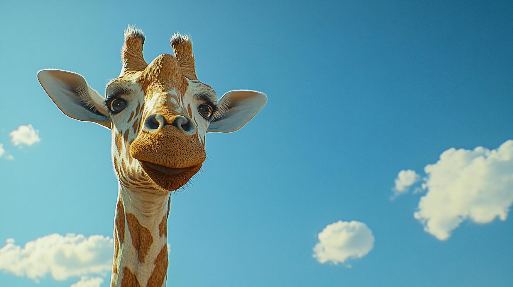 A close-up of a giraffe's head and neck against a vibrant blue sky dotted with fluffy white clouds, captured from a low angle. photo