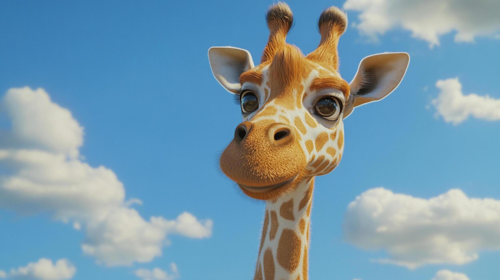 Cartoon giraffe gazes into the distance. The sky and clouds make for a stunning backdrop of the giraffe's beautiful coat. photo