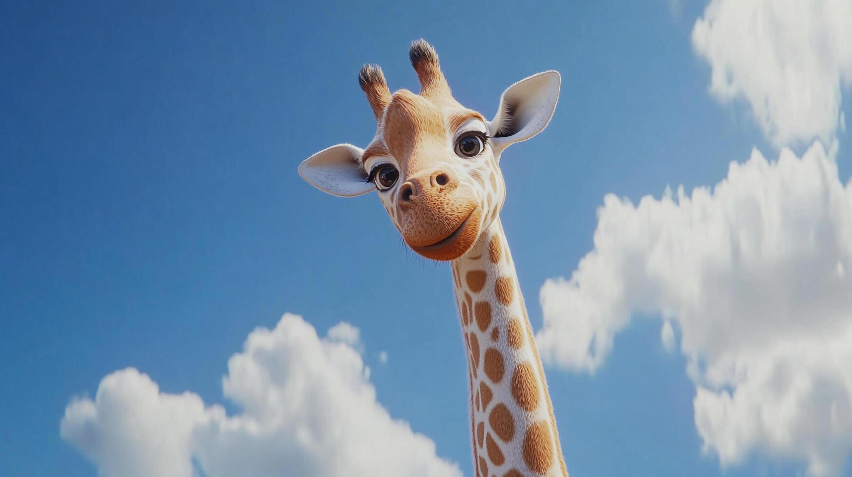 A whimsical giraffe with a warm smile against a bright blue sky dotted with fluffy white clouds. The giraffe has a friendly expression. photo