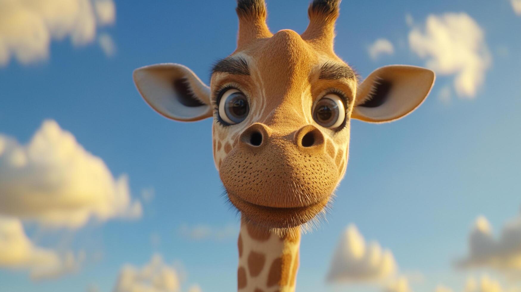 Whimsical giraffe portrait against a bright blue sky filled with fluffy clouds, rendered in a charming cartoon style. photo