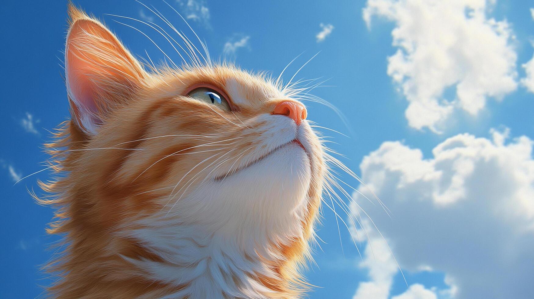 Ginger cat gazing toward a bright blue sky filled with fluffy white clouds, rendered in a style reminiscent of classic animation. photo
