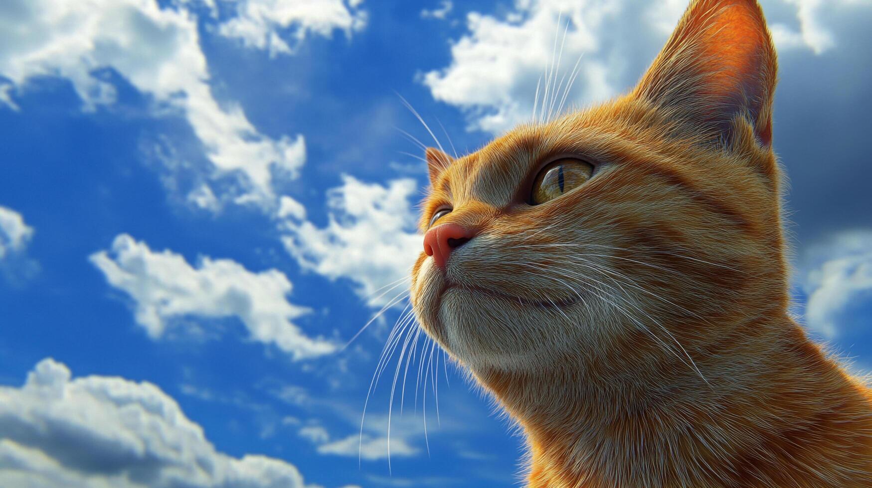An orange cat gazes upwards into a vivid blue sky dotted with fluffy clouds, capturing a serene and hopeful moment. photo