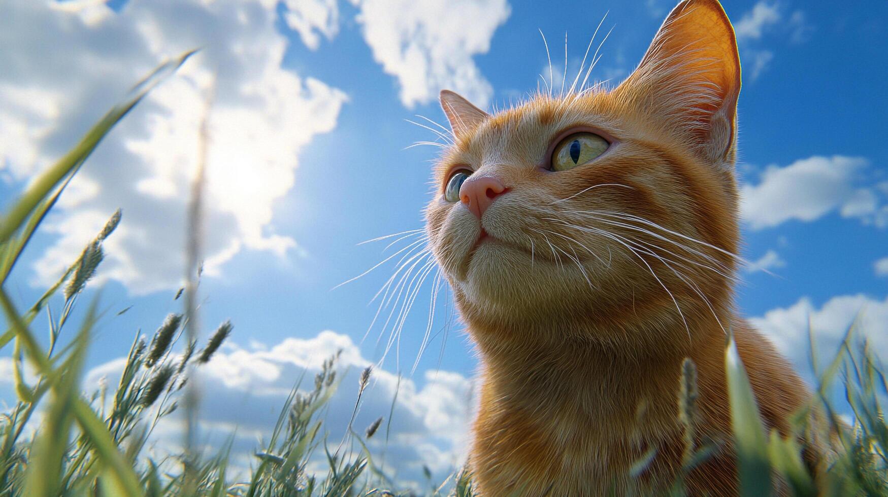A ginger cat sits in a field of tall grass, looking up at the blue sky filled with puffy clouds, soaking in the sunshine, enjoying nature's beauty. photo