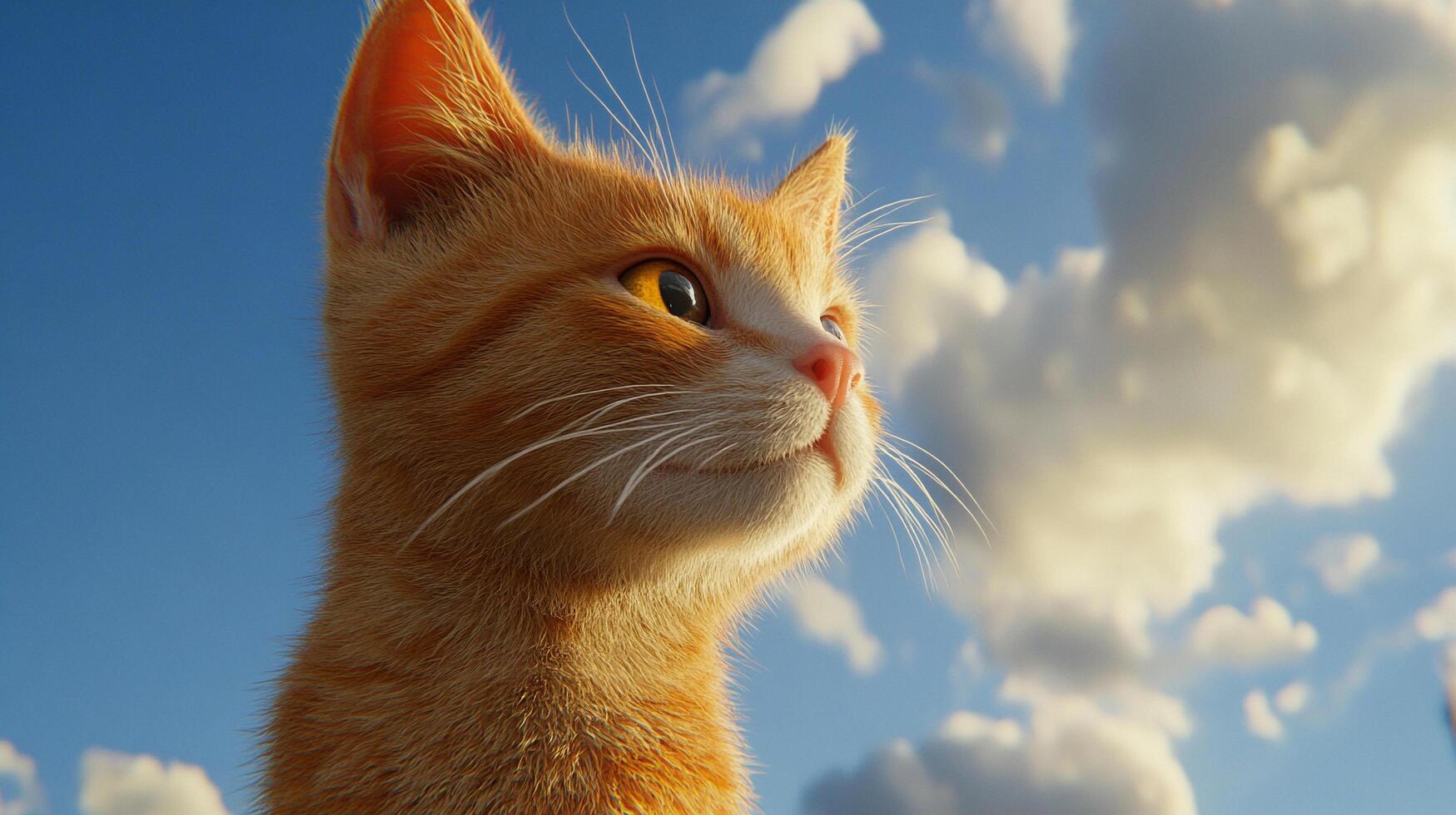 Ginger kitten gazing upwards at a vibrant blue sky dotted with fluffy white clouds. Sunny day and adorable kitten make a perfect moment. photo