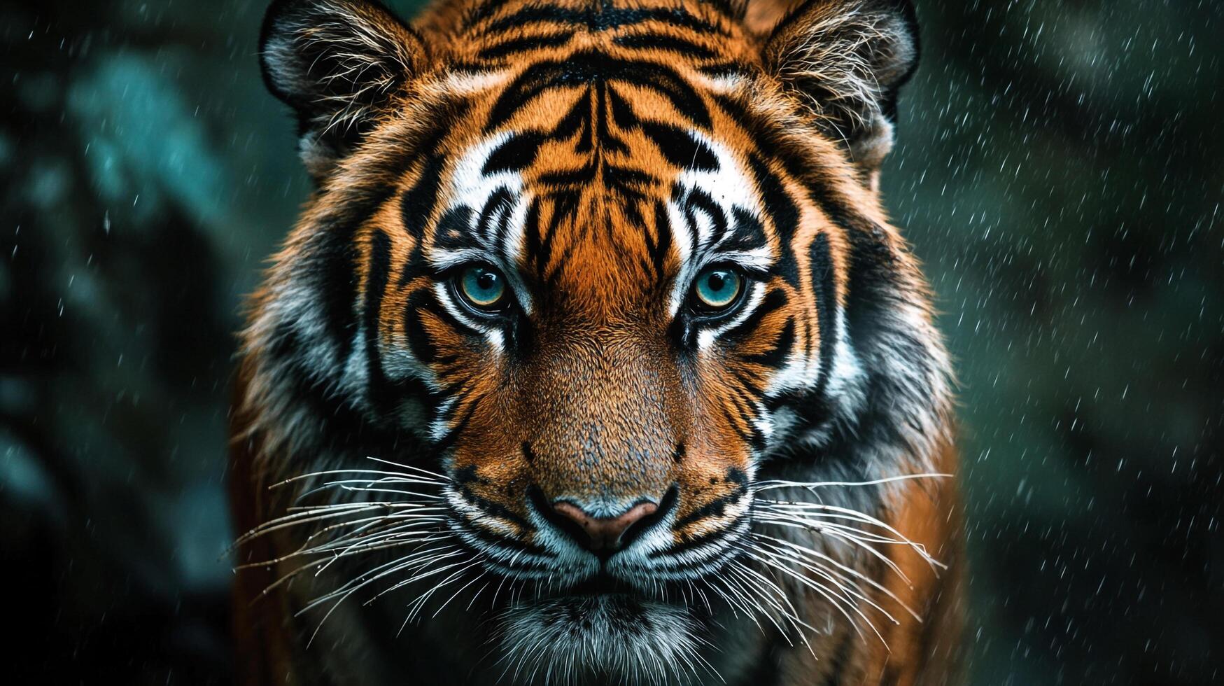 Portrait of a majestic tiger in the rain, showcasing its intense gaze and striking orange and black stripes against a blurred background. photo