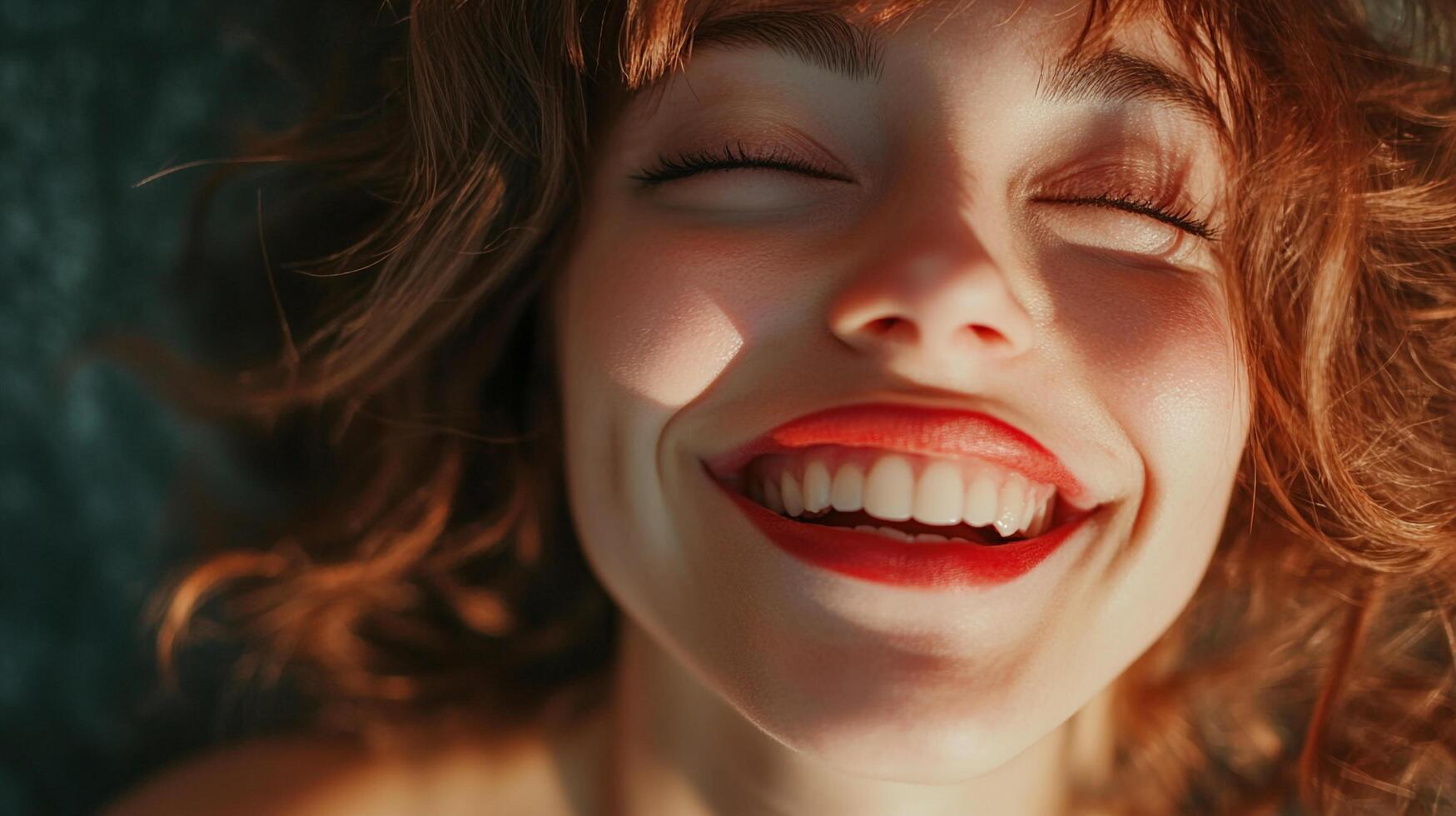 Close-up of a young woman with red hair, eyes closed, smiling brightly with red lipstick. The scene is bathed in soft light. photo