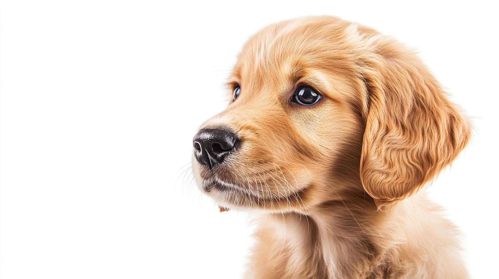 Close-up of a golden puppy's face, capturing its soft fur, dark eyes, and curious expression against a bright white background. photo