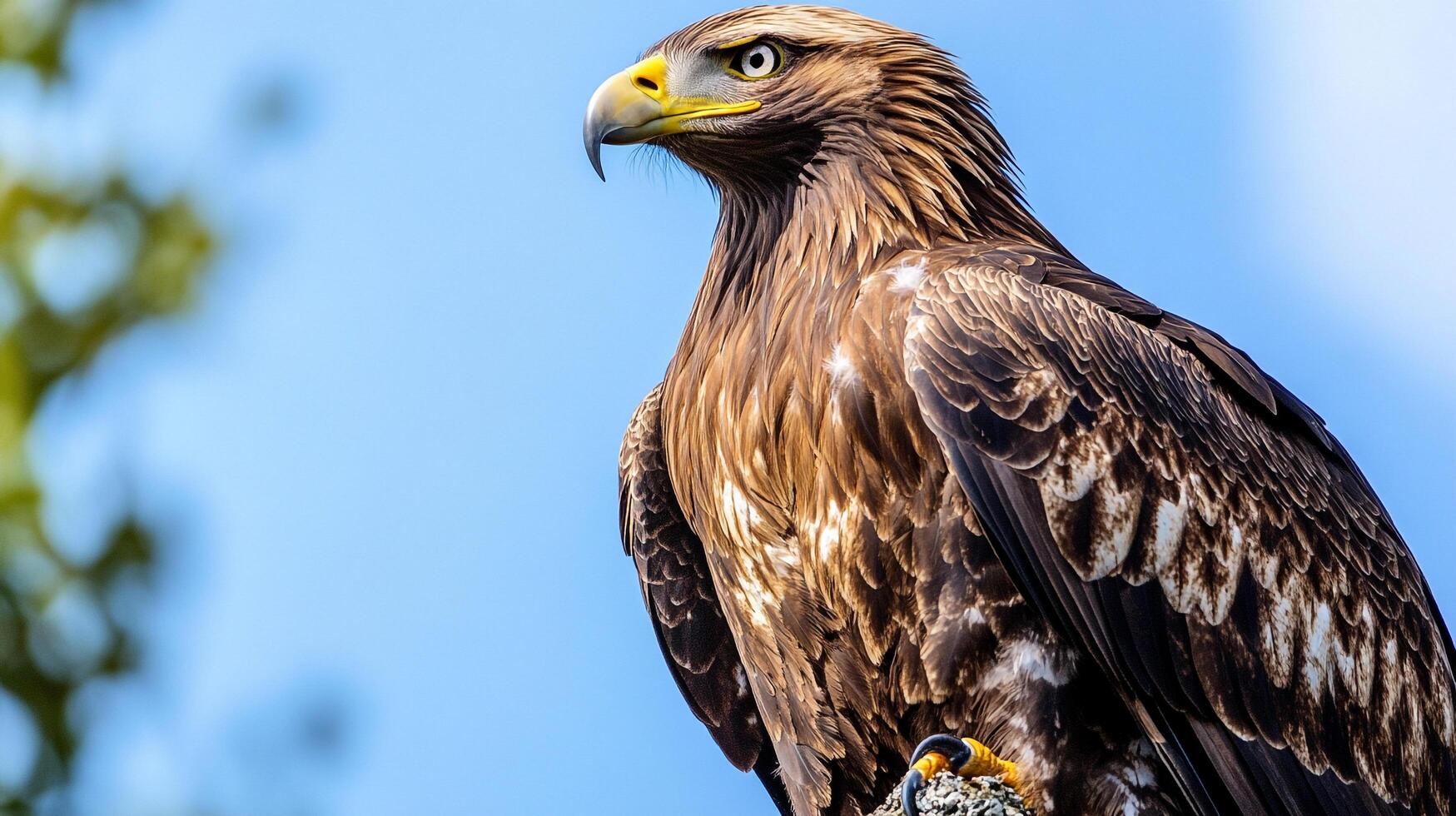 Majestic eagle portrait showcasing intricate plumage and sharp gaze against a bright blue sky. The eagle embodies freedom and strength. photo