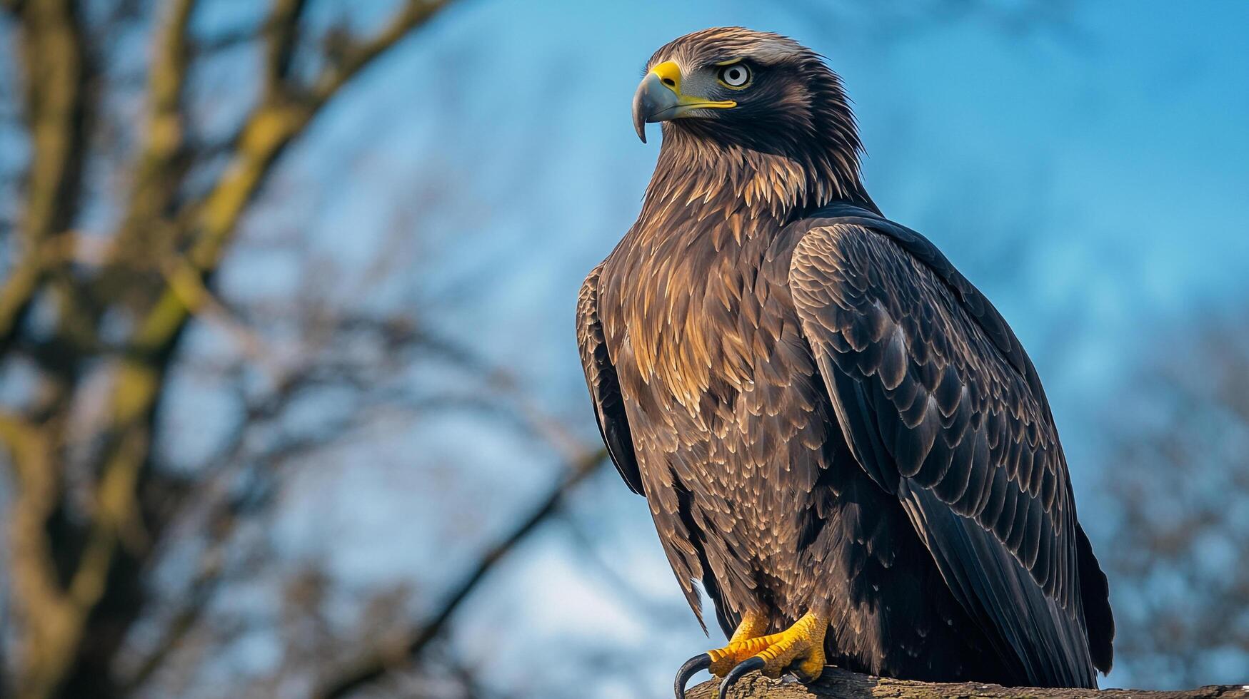 Majestic bird of prey, an eagle, is perched in nature, its gaze fixed on the distance, radiating power, control, and determination. photo