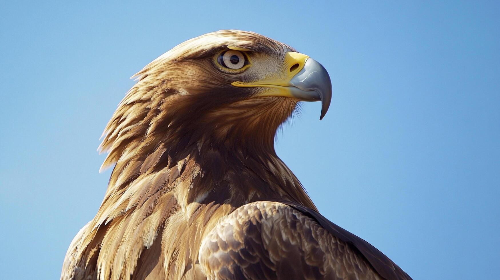 Majestic golden eagle against a clear blue sky, detailed plumage and sharp gaze conveying power, freedom, and the spirit of the wild. photo