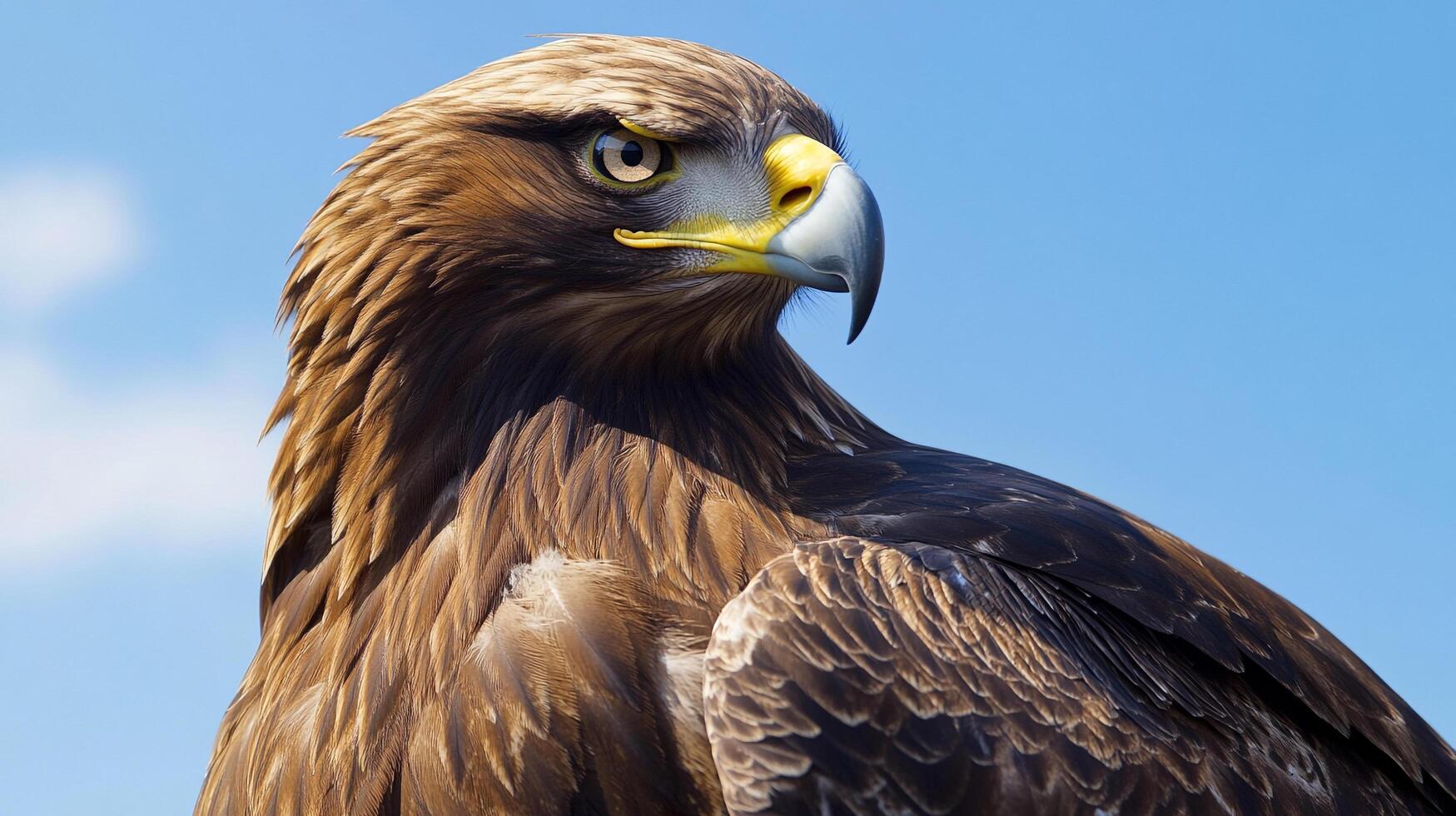 Majestic golden eagle with intense gaze, perched against a vibrant blue sky, its feathers detailed and catching the light beautifully. photo