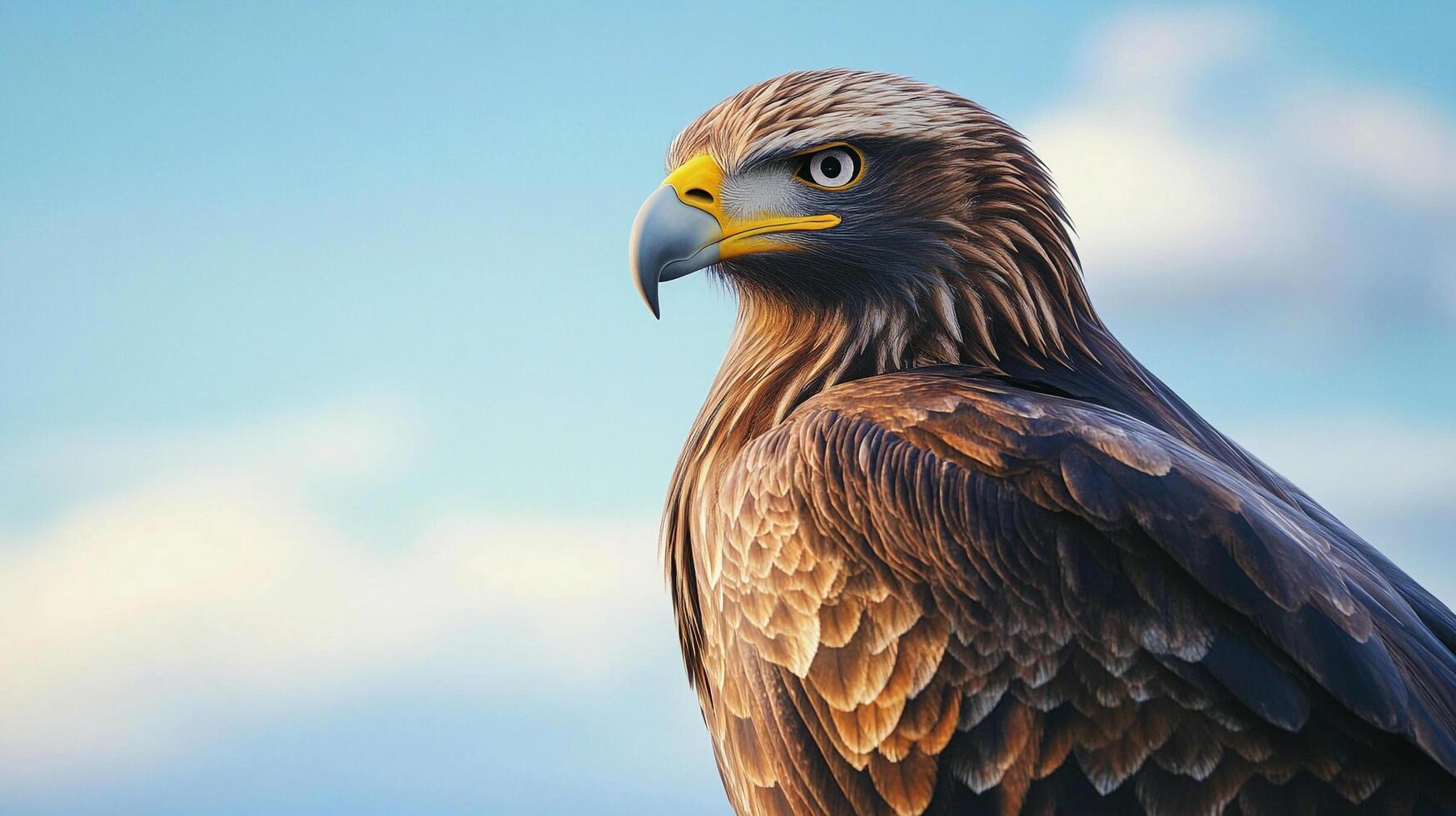Majestic golden eagle portrait against a soft blue sky, showcasing its sharp beak and intense gaze. Symbol of freedom and power. photo