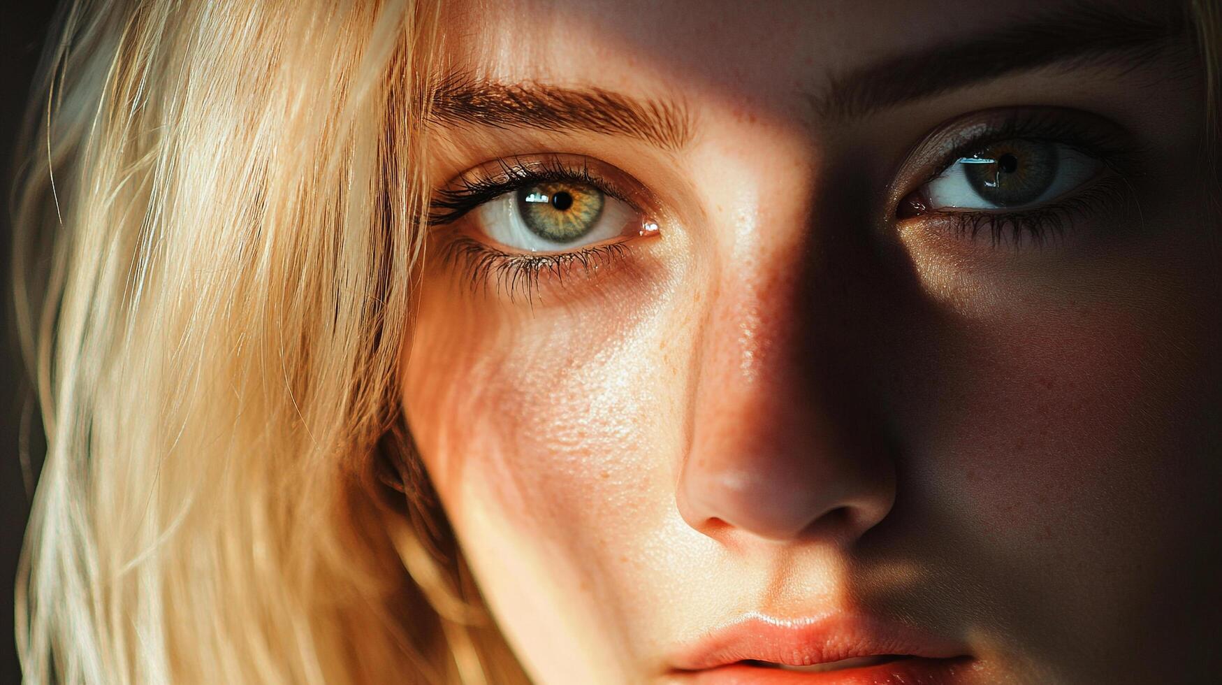 Close-up portrait highlighting a woman's face with blonde hair, showcasing contrasting light and shadow and focusing on her eyes. photo