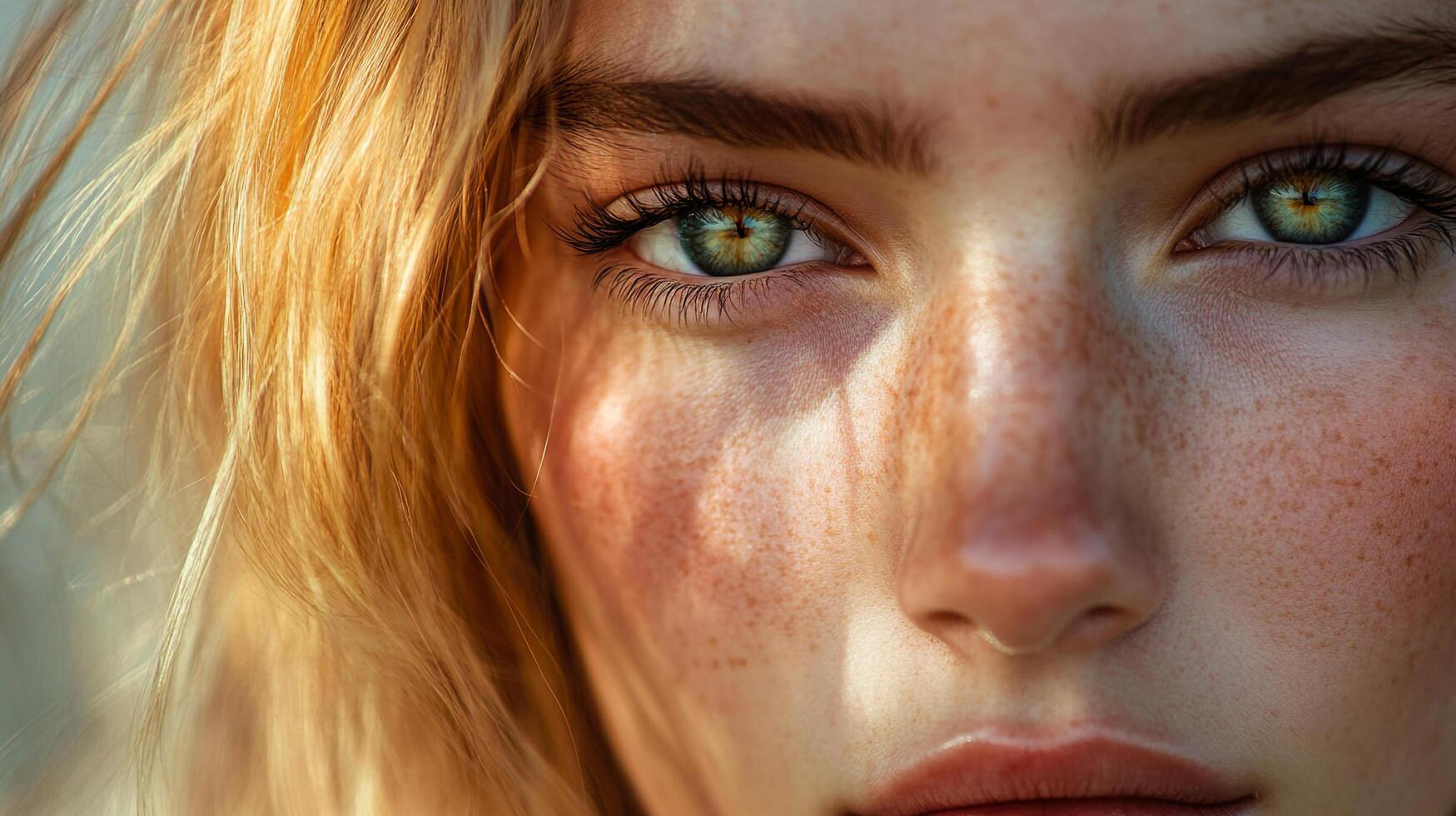 Close-up of a woman's face highlighting her striking green eyes, freckled skin, and sun-kissed hair, capturing natural beauty and detail. photo