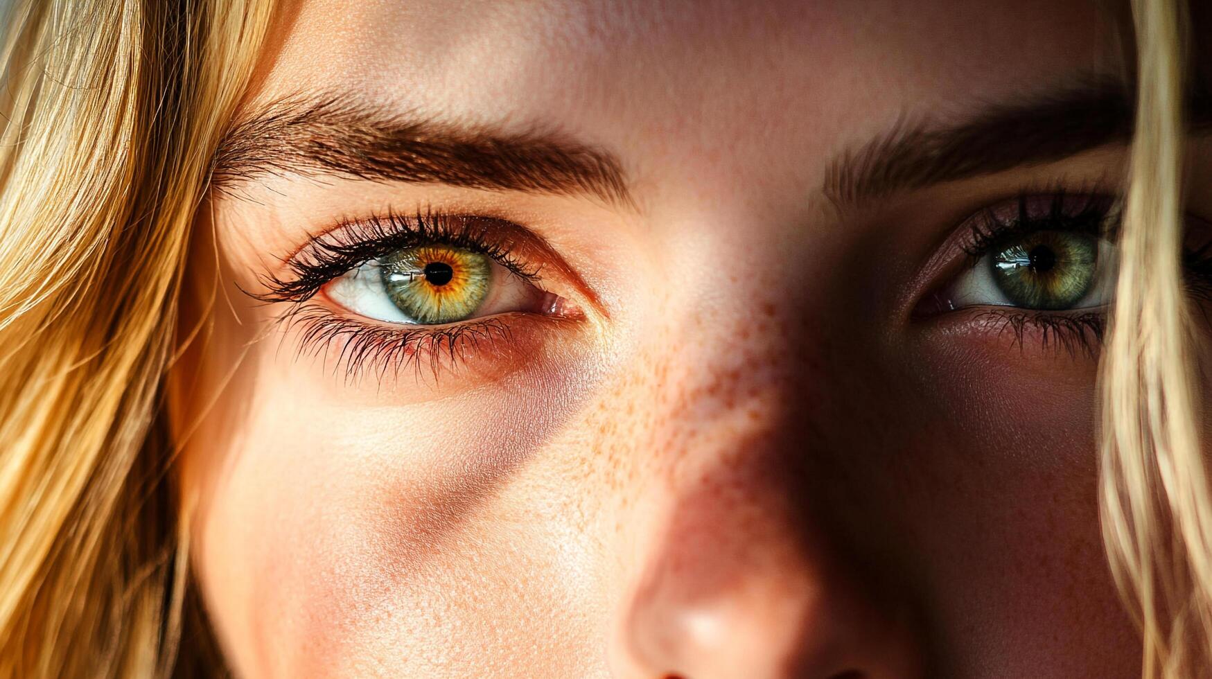 Macro shot of woman's face highlighting striking green eyes, fair skin, and subtle freckles. Light accentuates features. photo