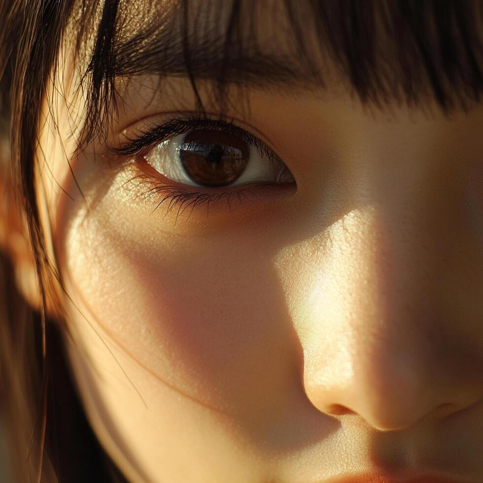 Close-up on a woman's eye. Sunlight catches her skin and makes her eye twinkle. Her dark hair frames her face. photo