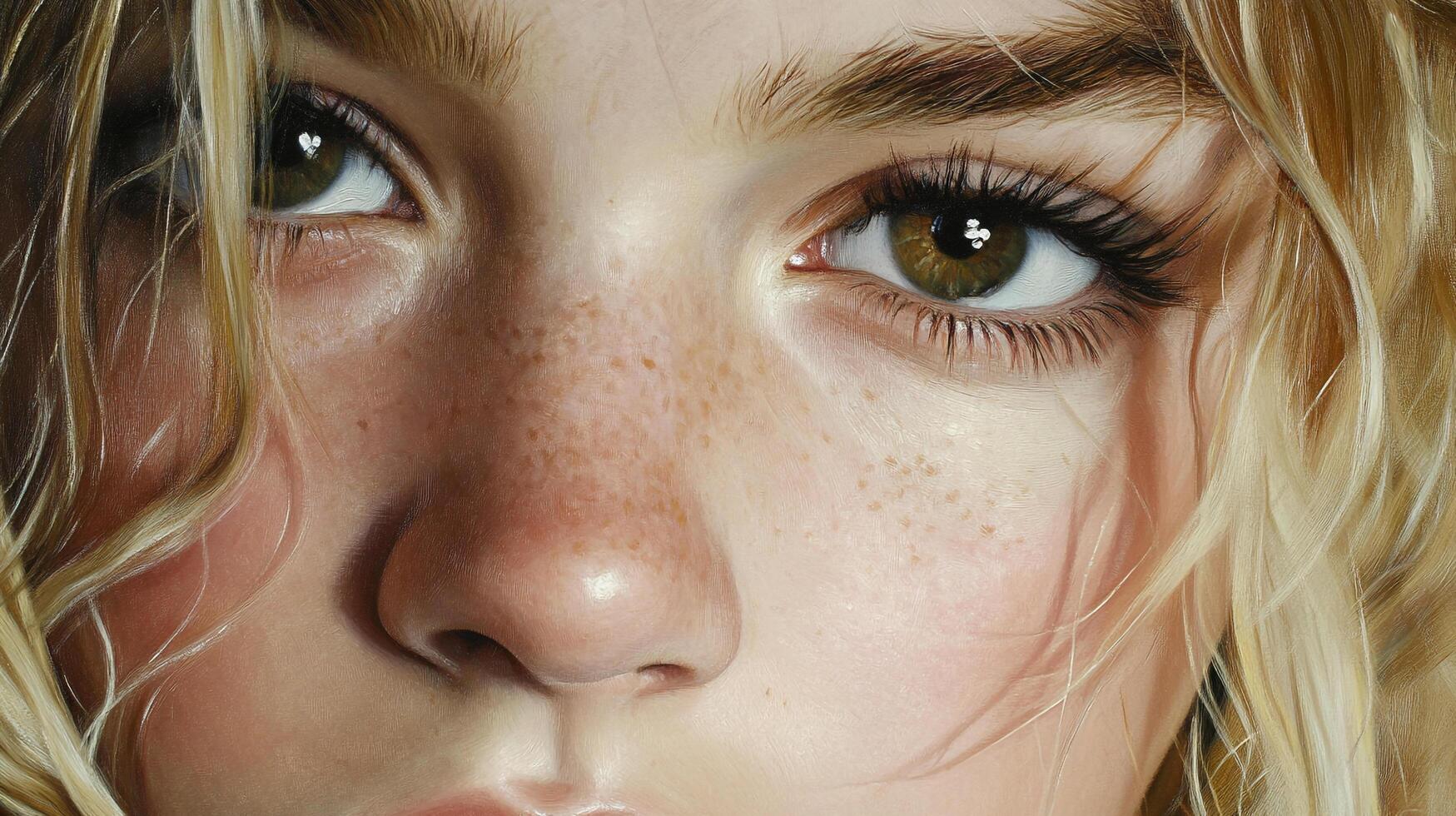 Detailed close-up of a young woman's face showcasing her complexion, freckles, and striking eyes with blonde hair strands framing her face. photo