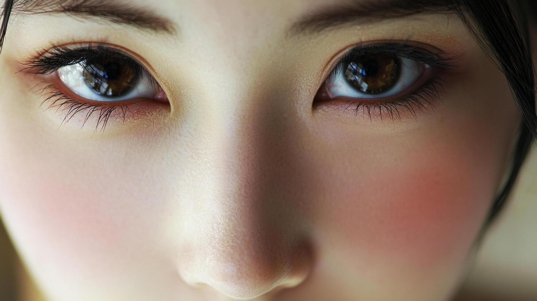 Close-up of a person's face, emphasizing clear, bright eyes with subtle makeup and pink blush. The focus is on natural beauty and skincare. photo