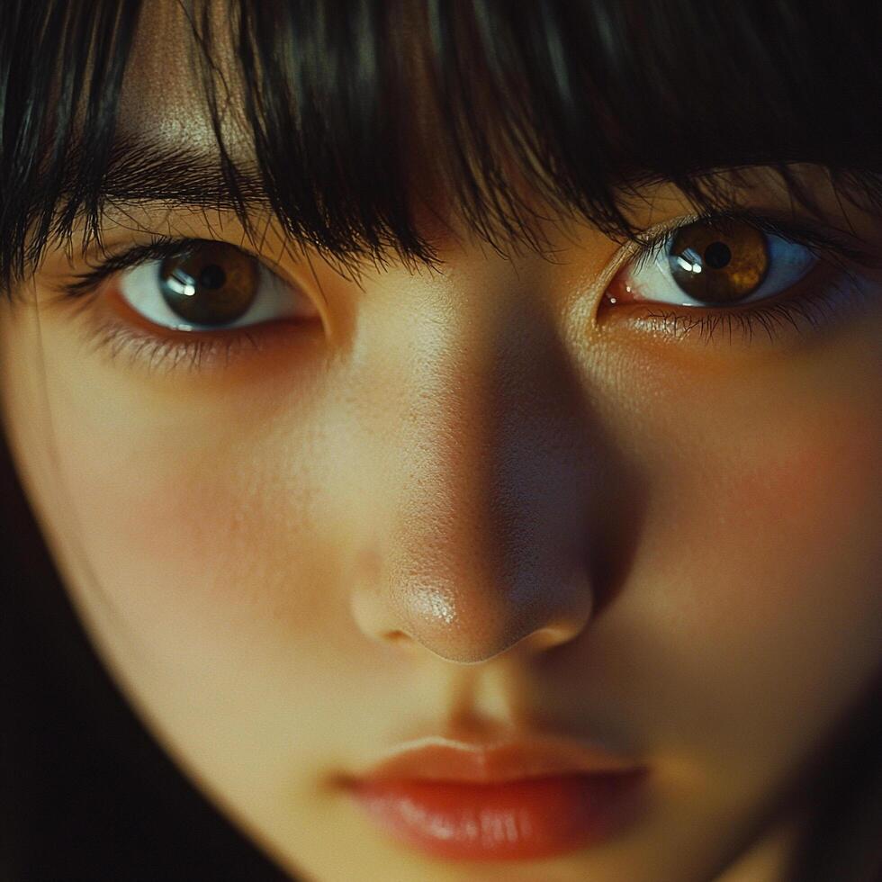 Close-up portrait capturing a woman's gaze, emphasizing warm brown eyes and subtle features in soft, diffused lighting. Intense, yet serene. photo
