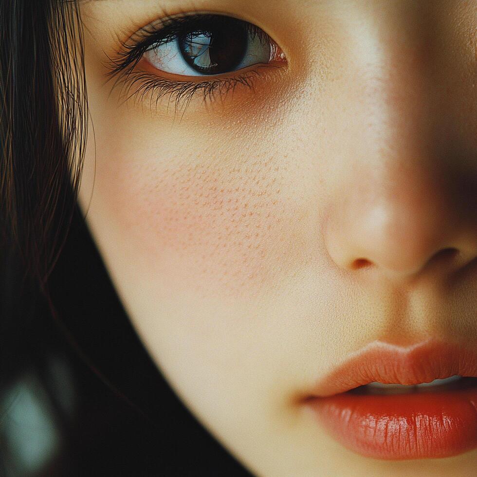 Close-up of a woman's face, showcasing natural beauty, clear skin, and a focused gaze, emphasizing her captivating eye and subtle lip color. photo