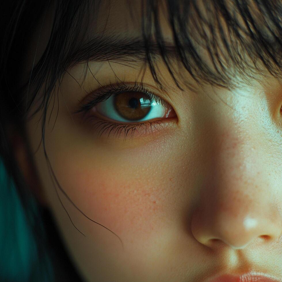 Close-up of a woman's face focusing on her eye, showcasing intricate skin texture and subtle facial features in soft lighting. photo