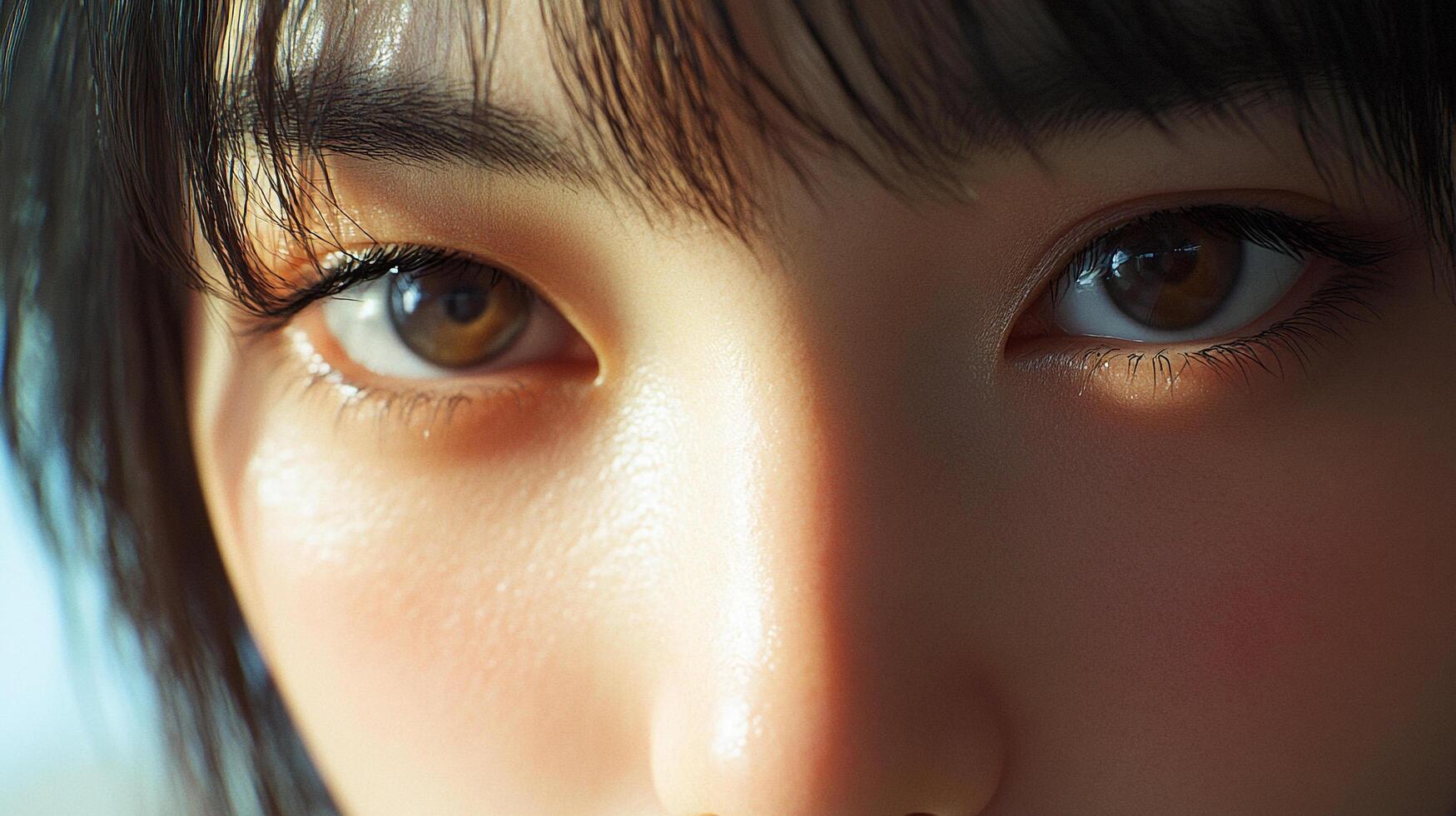 Close-up portrait of a young woman's eyes, showcasing the intricate details of her irises, skin texture, and delicate eyelashes. photo