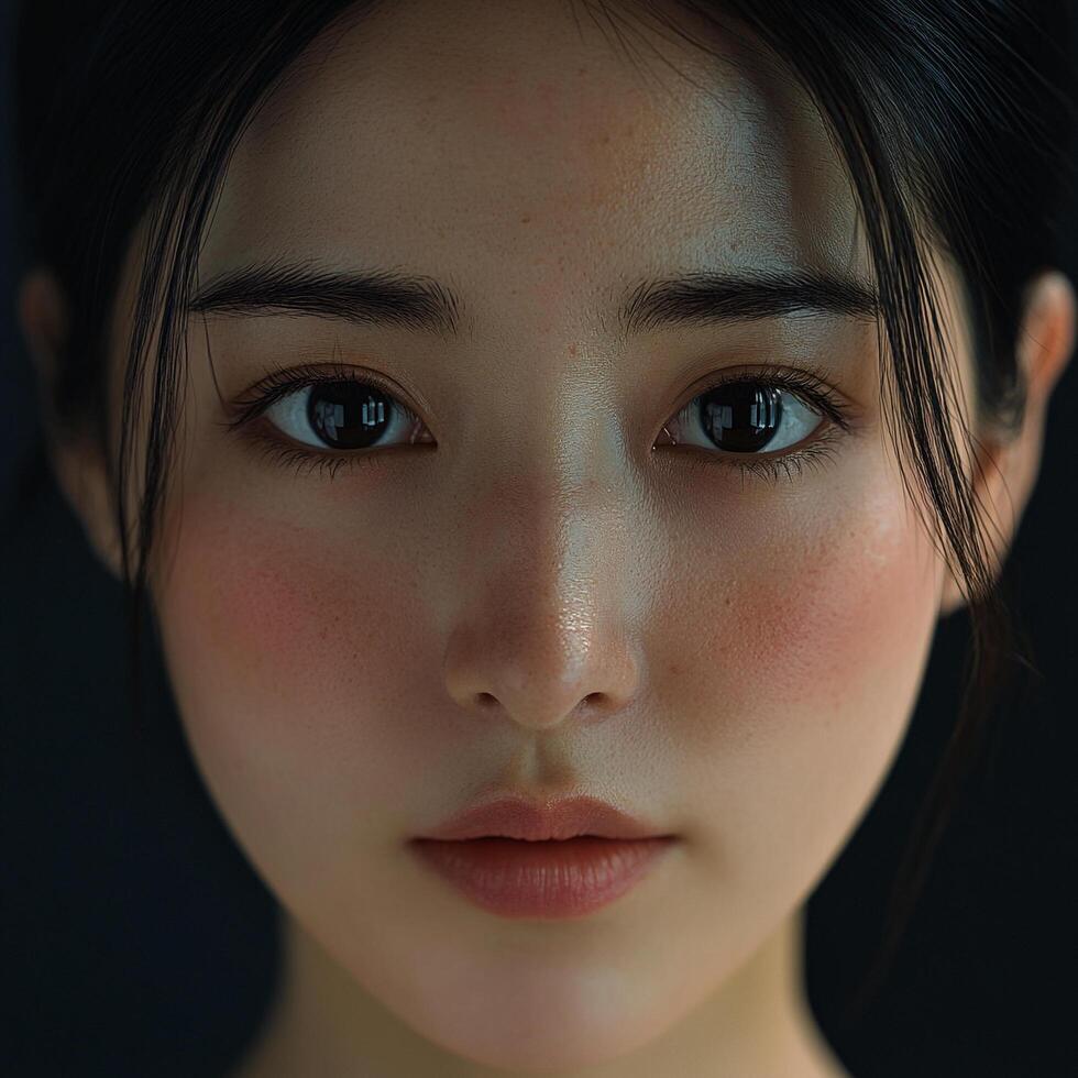 Close-up portrait of a young woman with a serene expression and natural beauty, emphasizing her clear skin and captivating eyes. photo