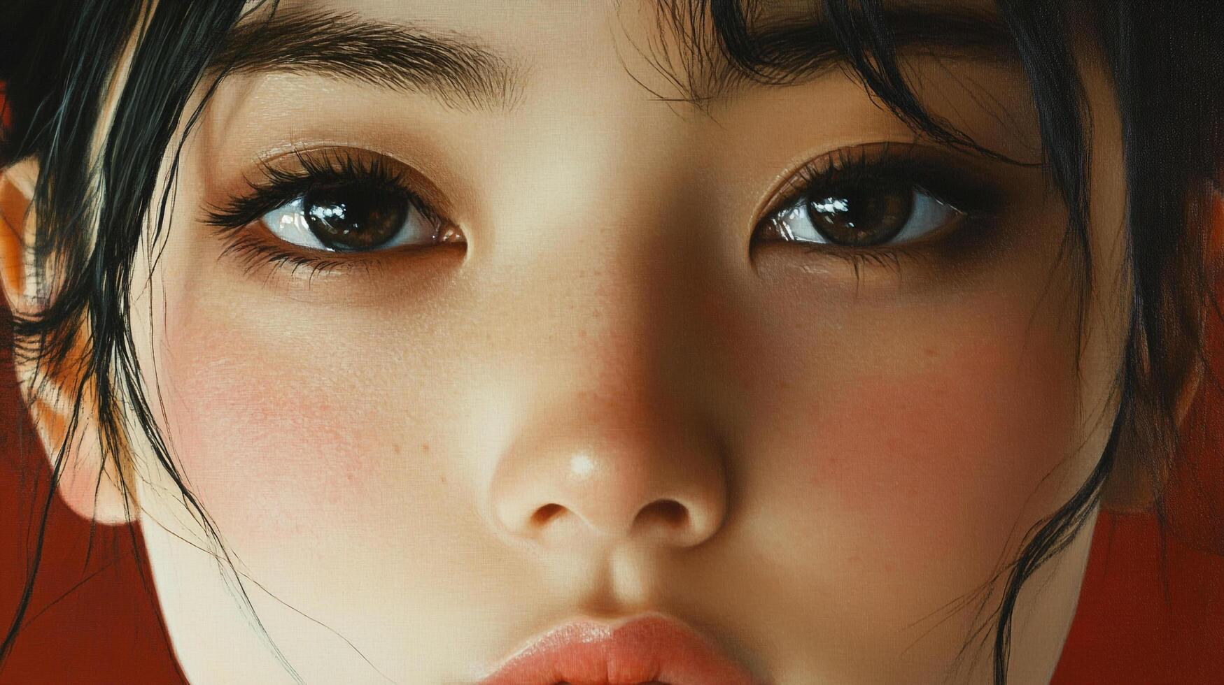 Close up portrait of a young woman with a warm complexion and dark eyes, expressing natural beauty and an intimate connection with the viewer. photo