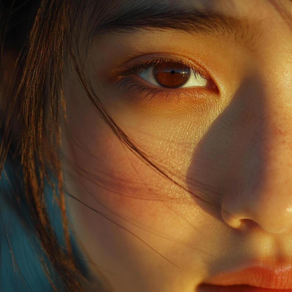 Close-up of a woman's face with warm lighting, focusing on her eye, skin details, and hair strands in sharp focus. Soft, golden tones. photo
