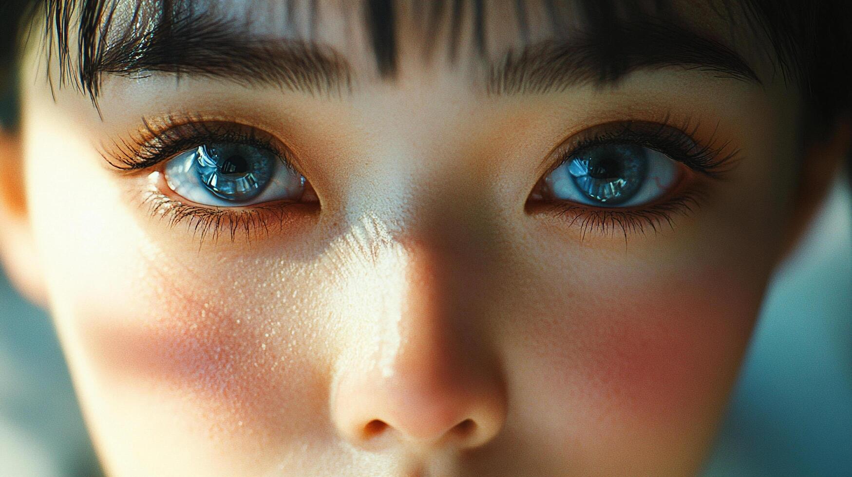A captivating close-up of a person's face, highlighting their striking blue eyes and warm skin tones under gentle lighting. photo