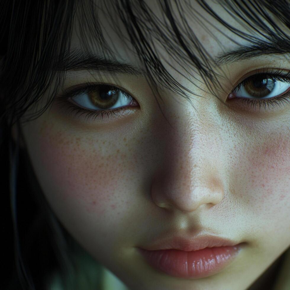 A close up studio portrait of a young woman with freckles and brown eyes, with a soft, diffused lighting on her face with dark hair. photo