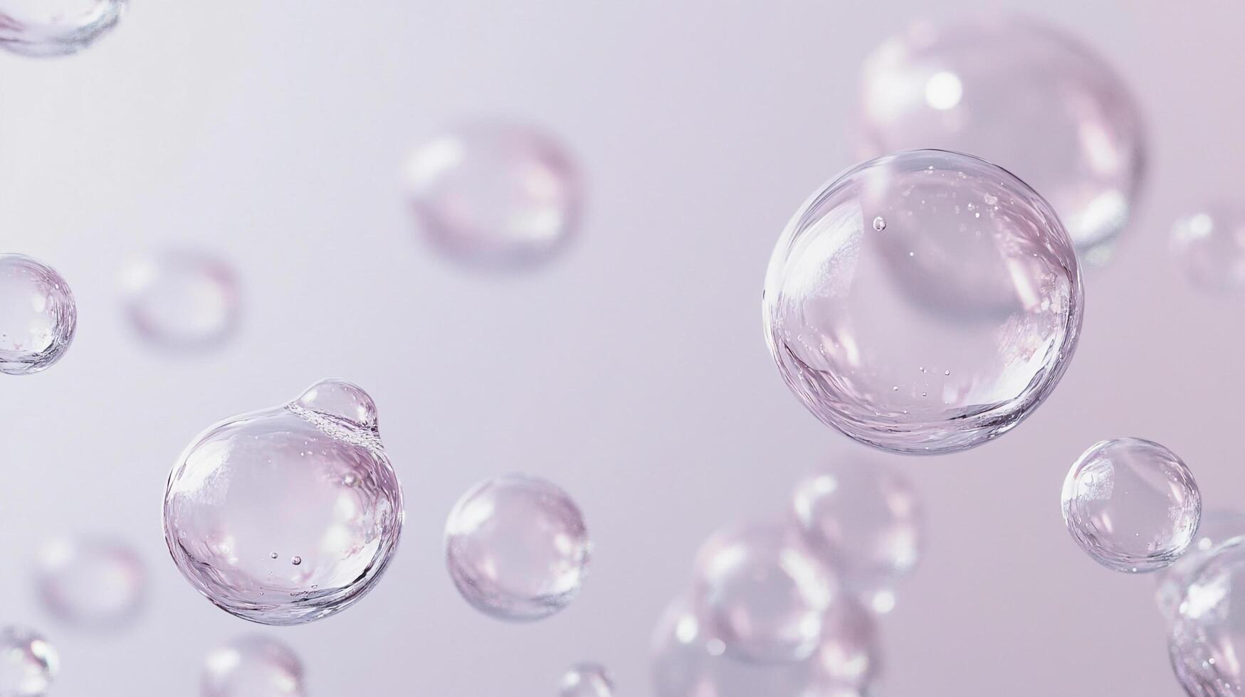 A collection of translucent spheres float mid-air against a soft lavender background. The spheres vary in size, giving a sense of depth. photo