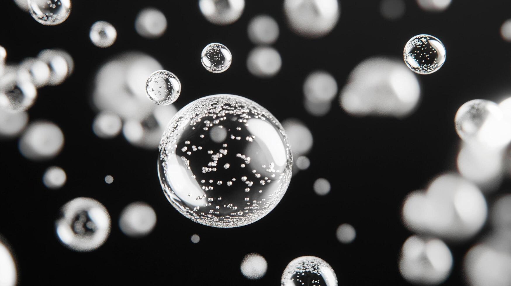 Abstract depiction of multiple water bubbles floating against a solid dark background creating an intriguing visual display. photo