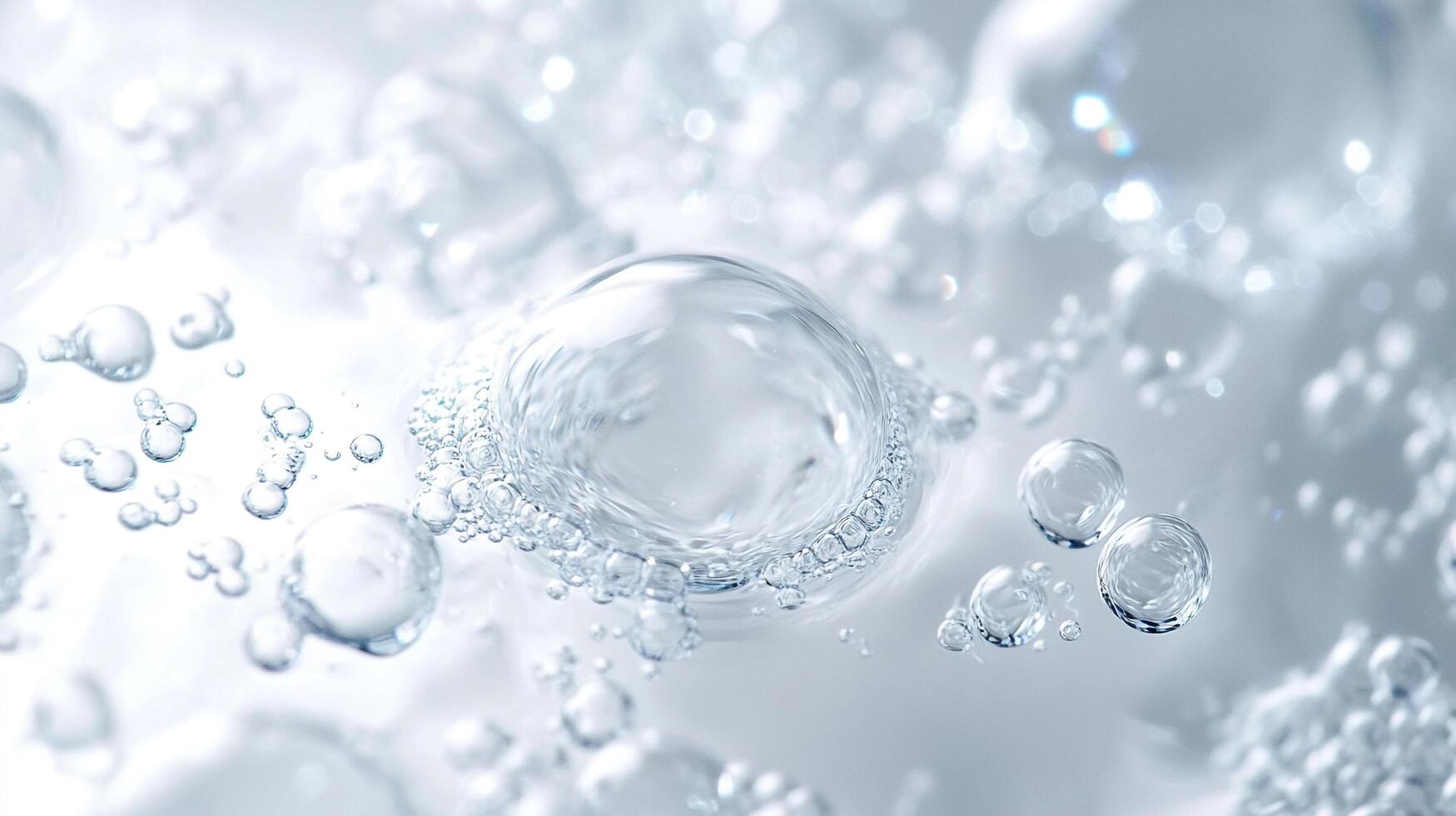 Macro view of glistening water bubbles, emphasizing purity and freshness, ideal for beauty or cleanliness concepts, hygiene promotion. photo