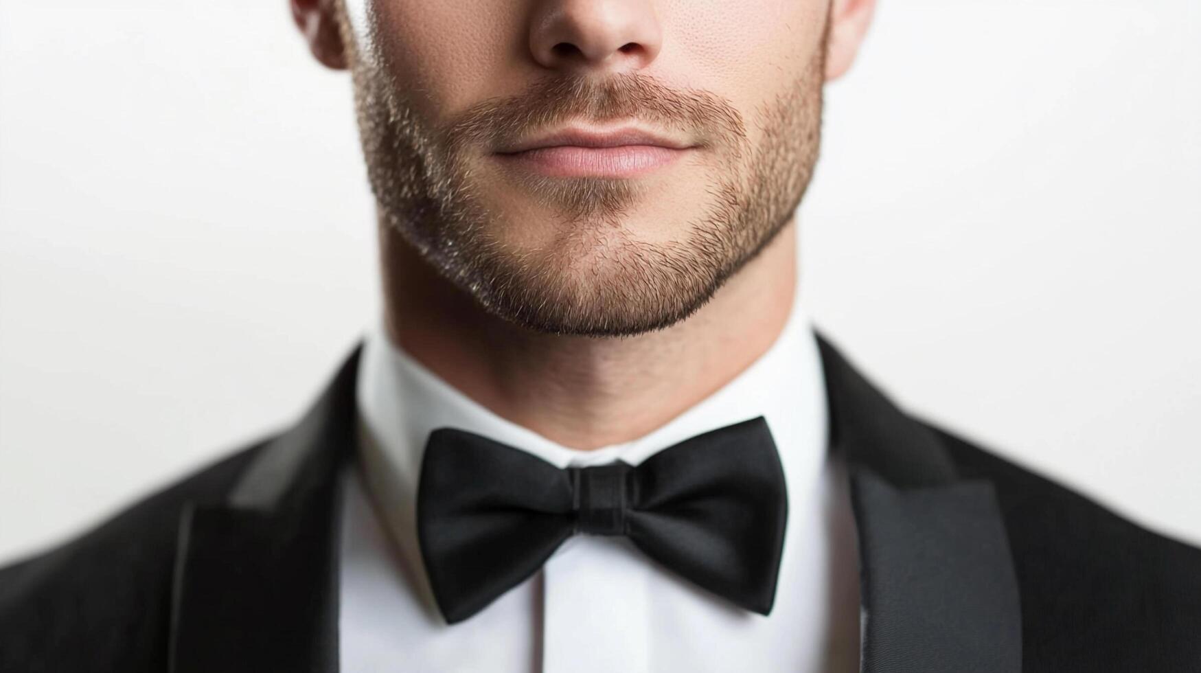 Man in black bow tie and suit, capturing formal fashion. Elegant formalwear ensemble evokes sophistication and style for special occasions. photo