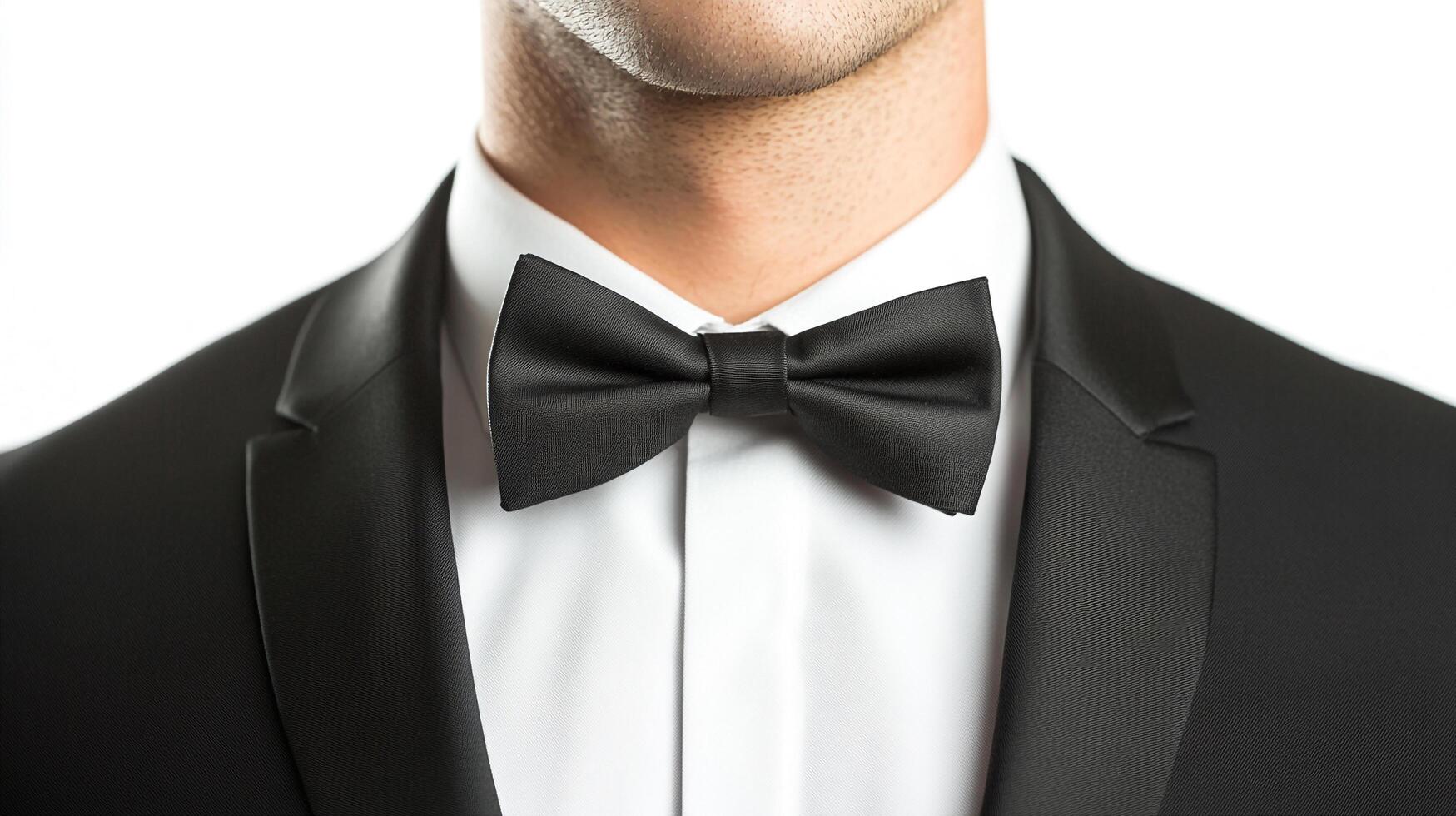 A close-up studio shot of a man in a black tuxedo and white dress shirt, wearing a black bow tie against a white background. photo