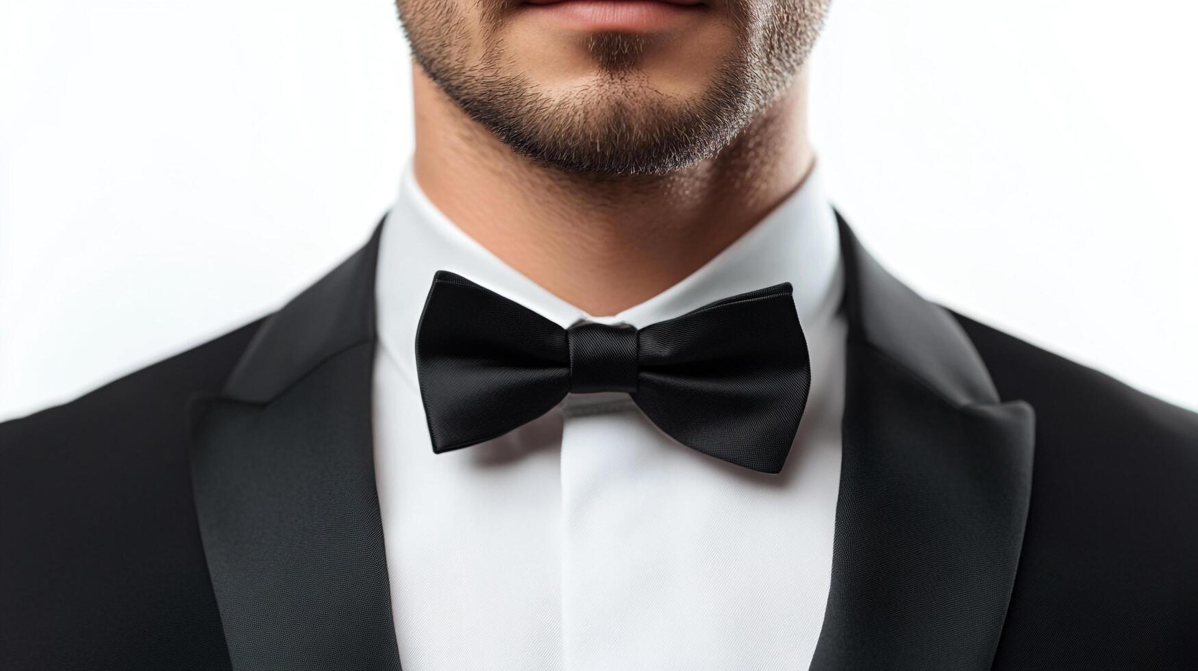 Close-up of a man in a black tuxedo and bow tie against a white background, conveying elegance and formal attire. photo