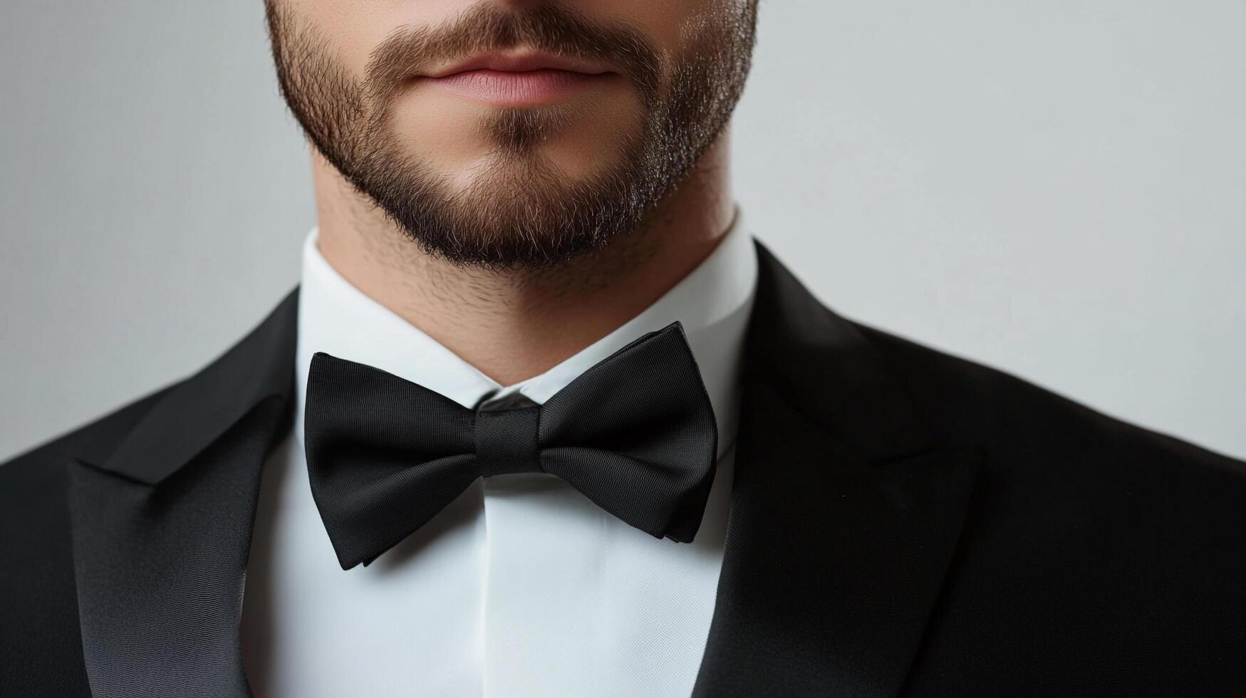A sophisticated man in a black tuxedo and bow tie evokes timeless elegance and formal attire. The crisp white shirt adds a touch of refinement. photo