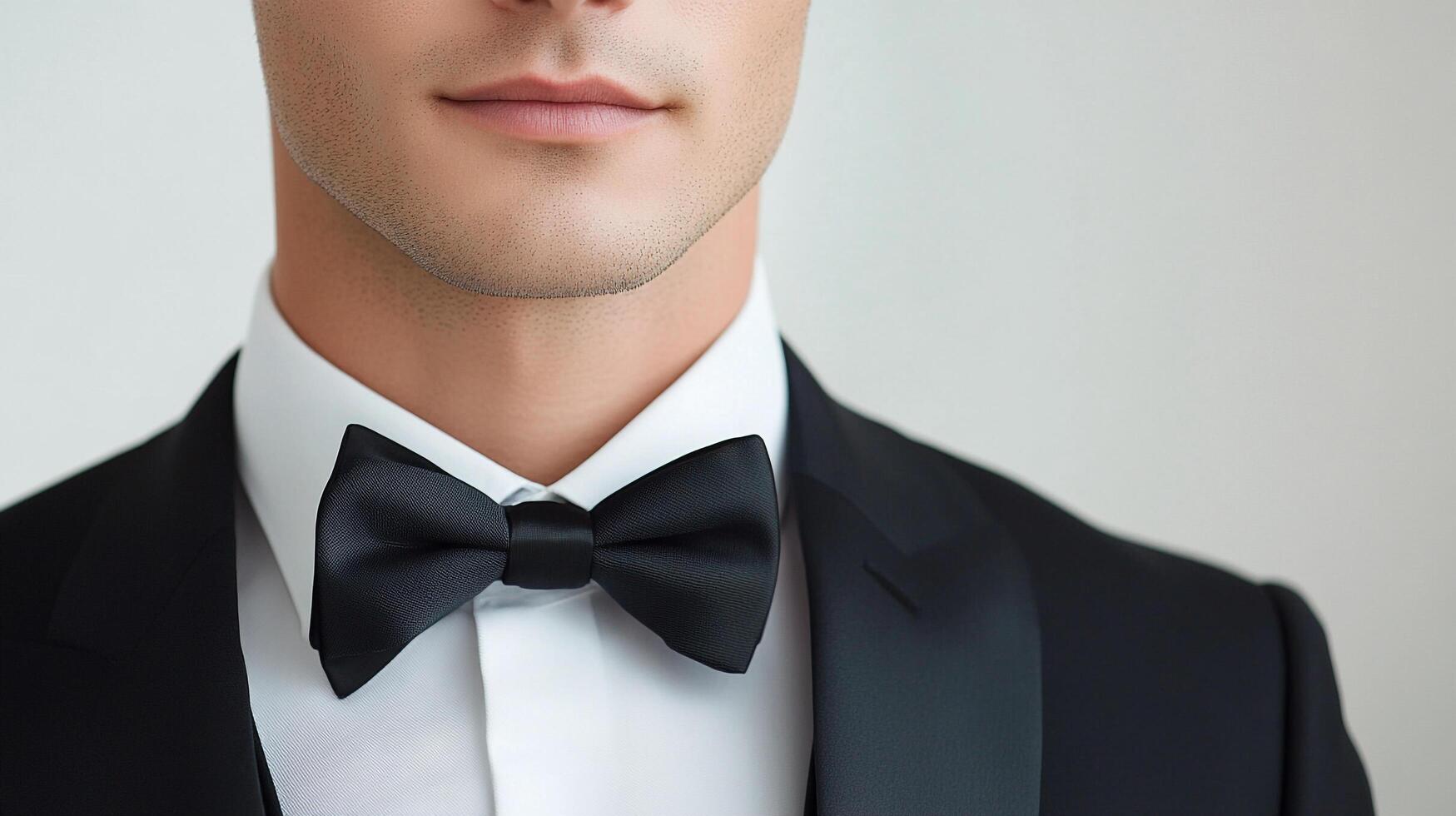 Close-up of a stylish man wearing a classic black tuxedo and bow tie. Elegance, formal wear, and impeccable style for special occasions. photo