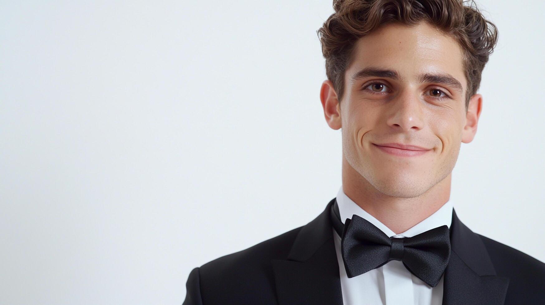 Portrait of a stylish man in a black suit, smiling confidently against a white background. Classic, elegant, formal, and timeless. photo