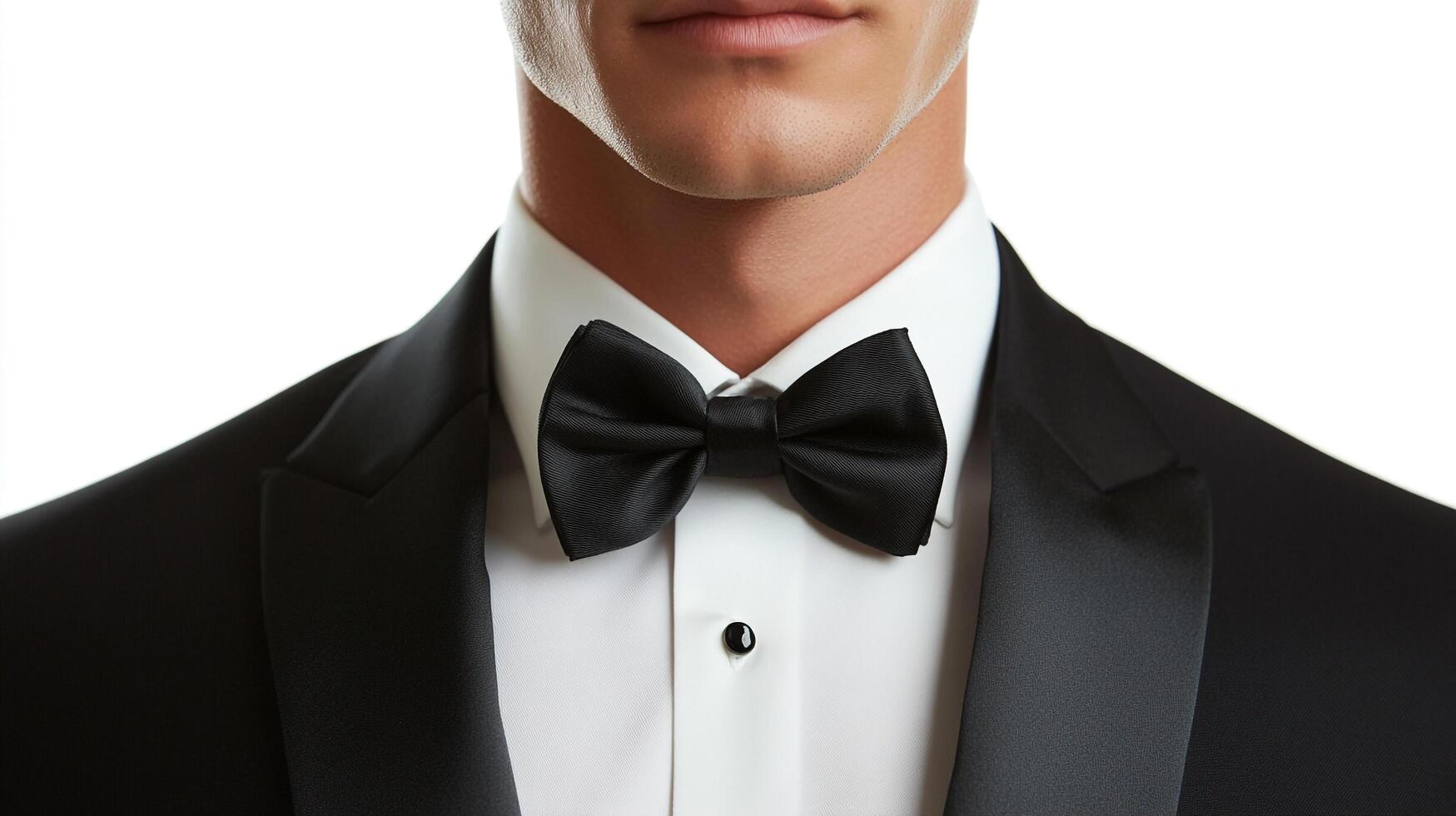 Elegant black bow tie and suit, embodying formal sophistication and style. Ideal for special occasions, a symbol of sartorial excellence. photo