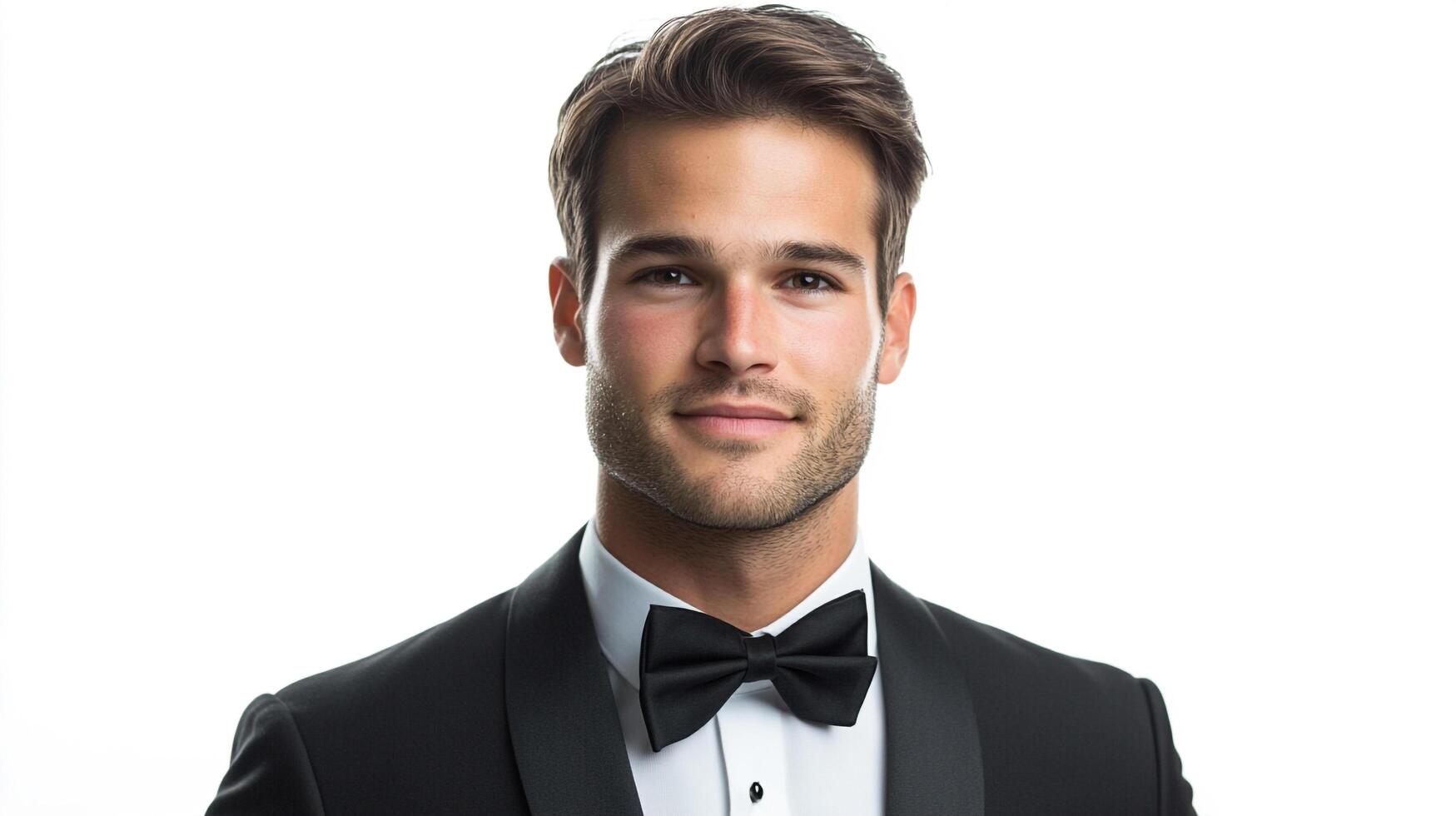 A handsome man wearing a suit and bow tie is pictured against a white background. His hair is neatly styled, and he has a charming smile. photo